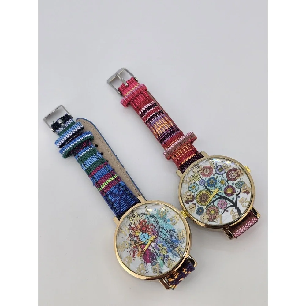 2X Women Watch 38MM Multicolor‎ Dial Multicolor Leather Fabric Bands NEW Battery